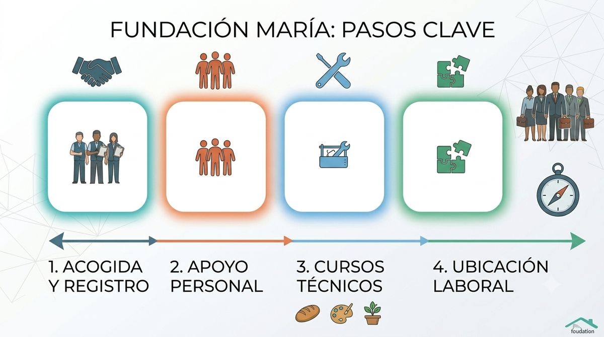Procesos: Acogida básica, Formación del ser, Formación técnica, Ubicación laboral y seguimiento - Guía de Proceso de María Revive